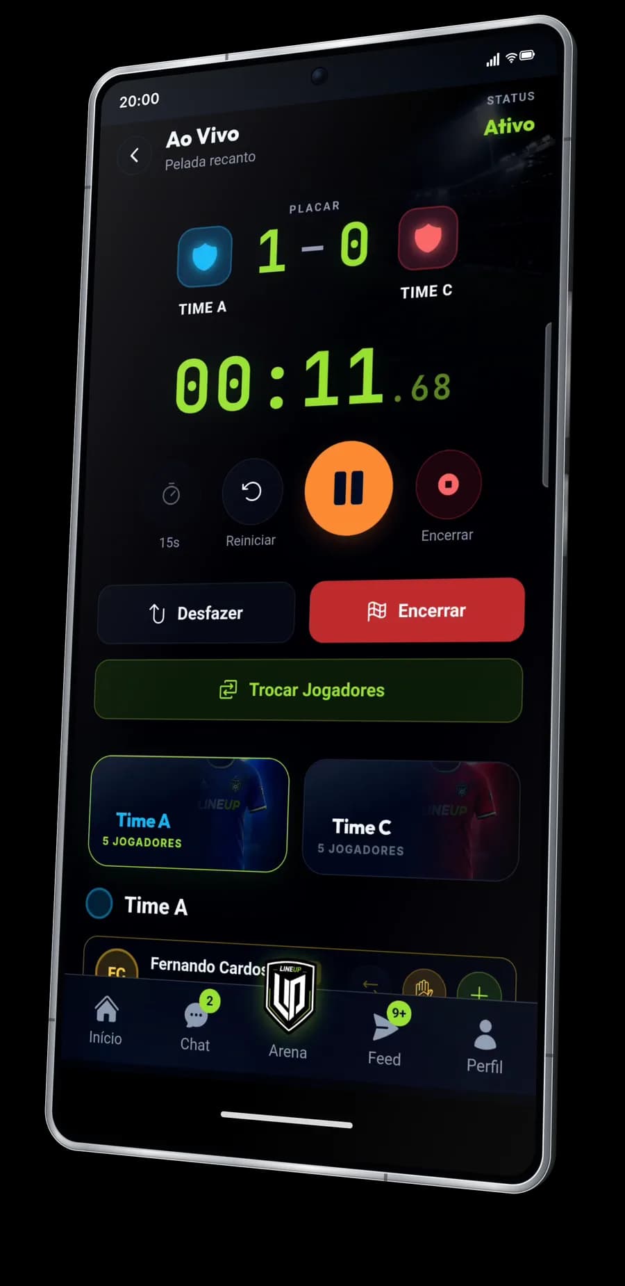 Tela ao vivo com placar, cronômetro e os dois times