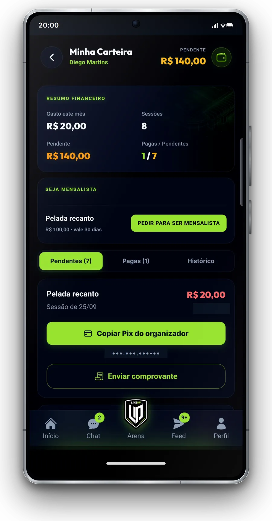 Carteira da pelada com os pagamentos de cada jogador